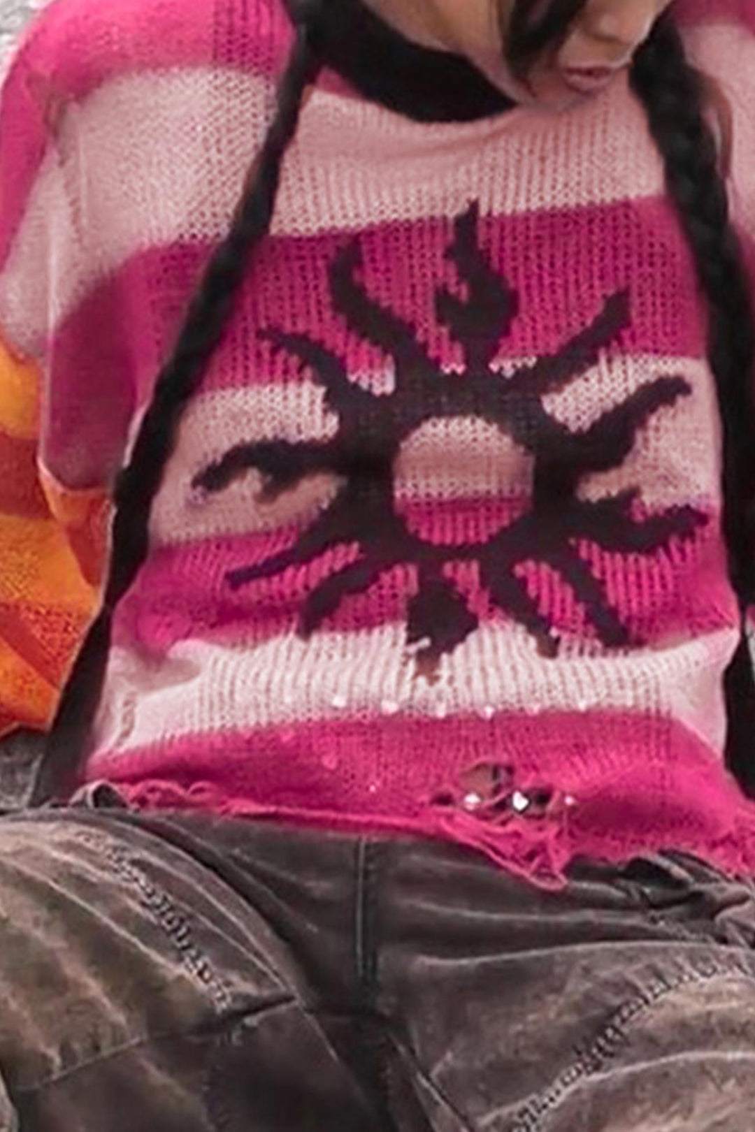 Contrast Striped Patchwork Distressed Sweater Rose · L