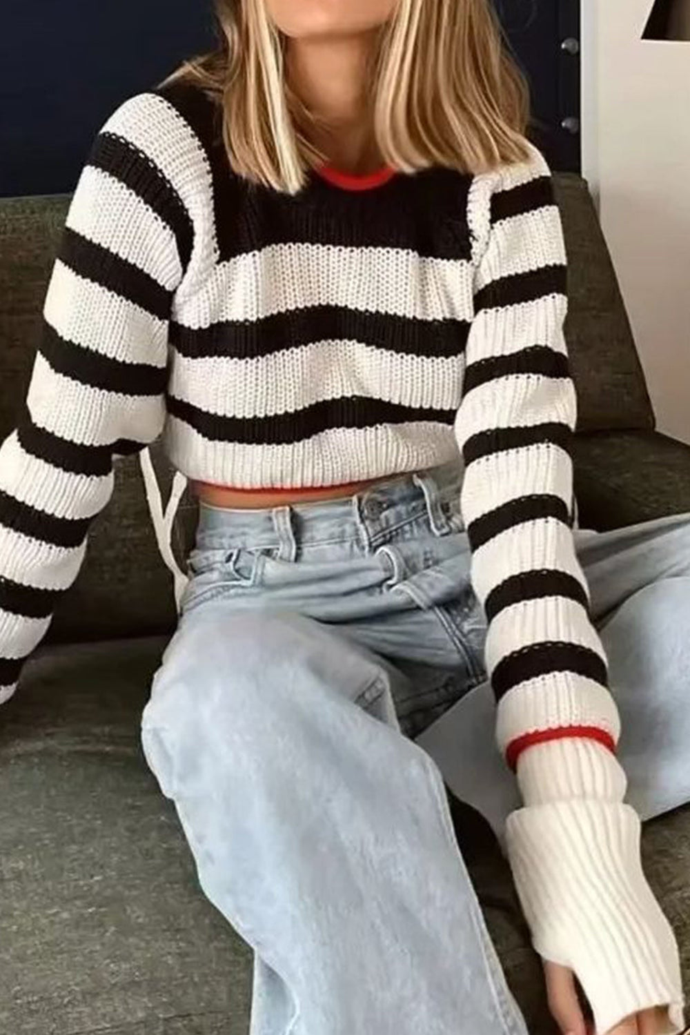 Contrast Striped Tie-back Sweater Black White · M