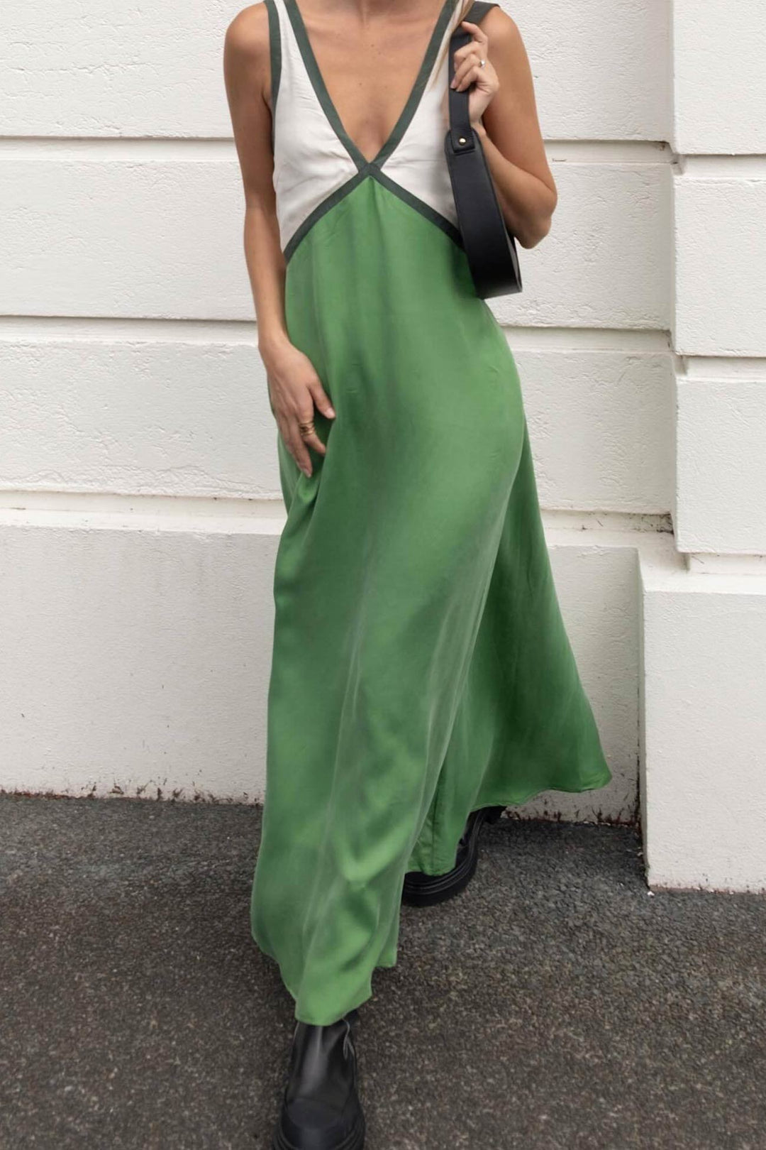 Contrast V Neck Sleeveless Maxi Dress Green · M