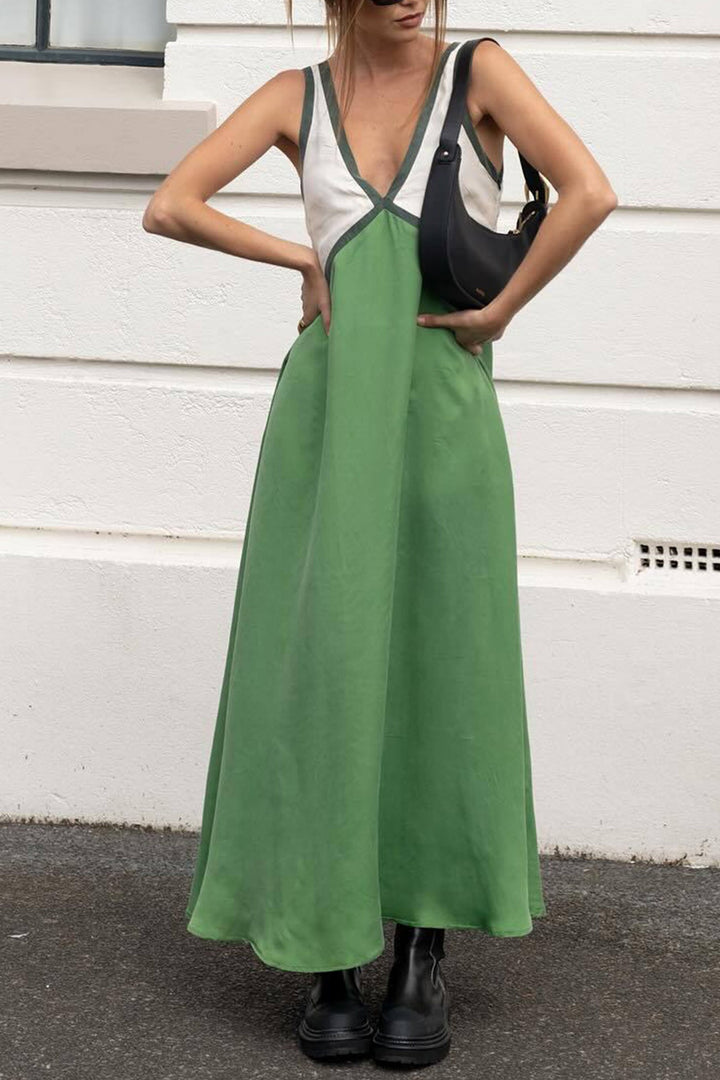 Contrast V Neck Sleeveless Maxi Dress Blue · XL