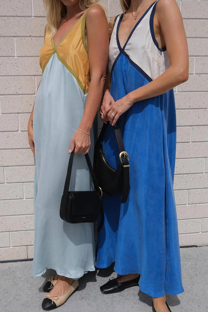 Contrast V Neck Sleeveless Maxi Dress Blue · M