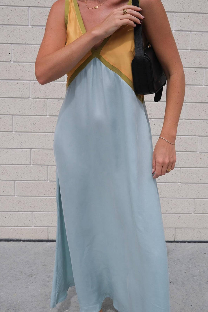 Contrast V Neck Sleeveless Maxi Dress Yellow · M