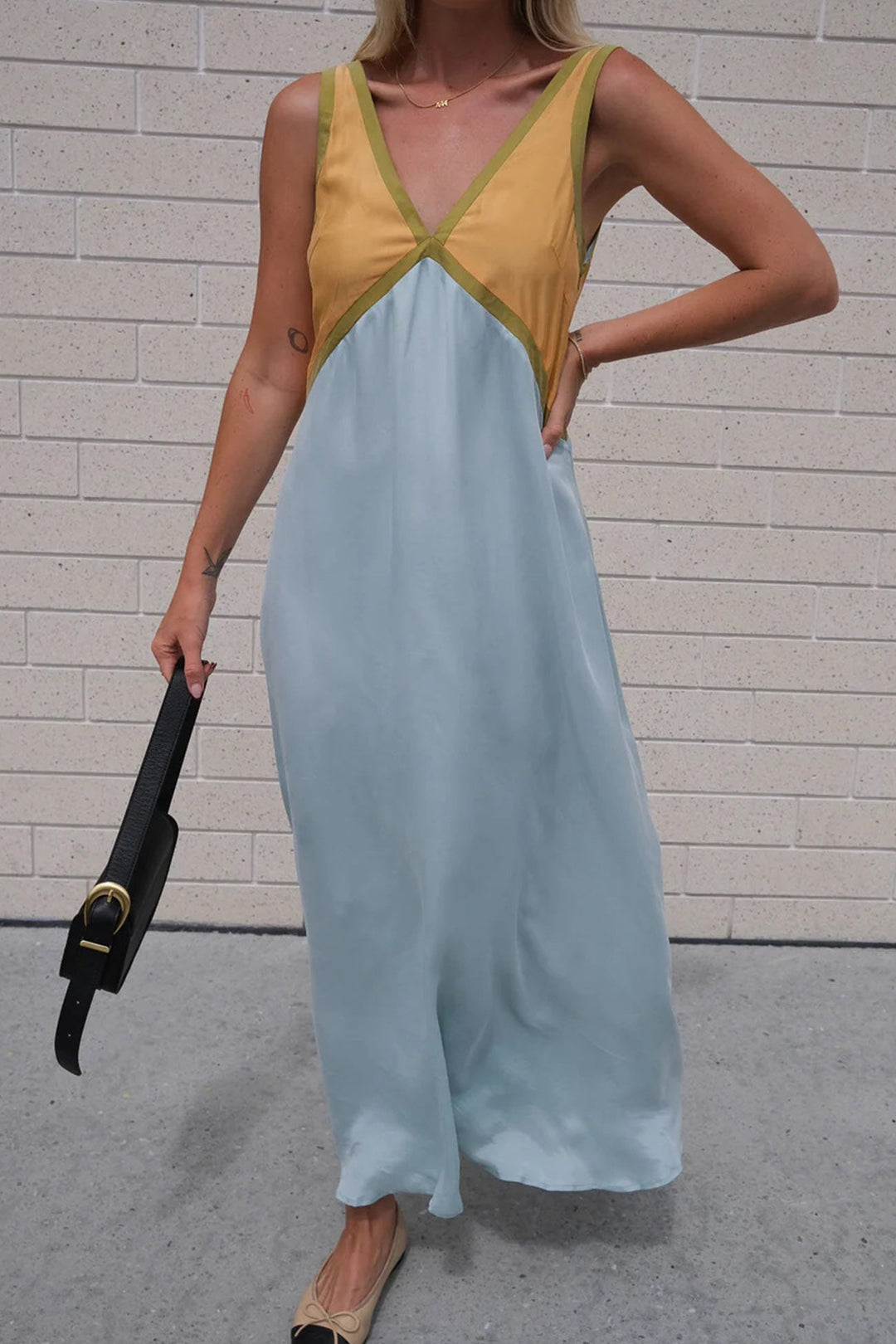 Contrast V Neck Sleeveless Maxi Dress Green · XL