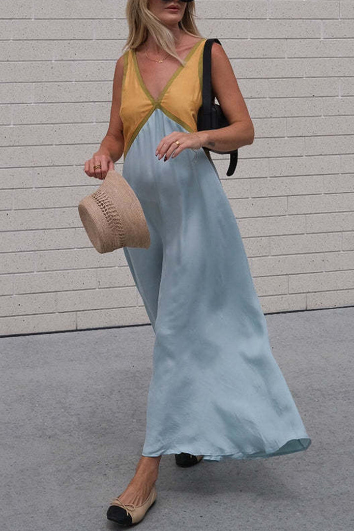 Contrast V Neck Sleeveless Maxi Dress Yellow · S