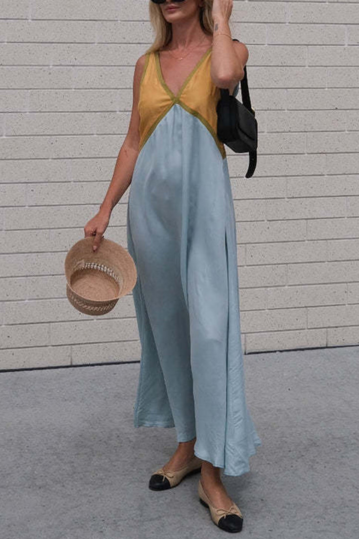 Contrast V Neck Sleeveless Maxi Dress Yellow · L