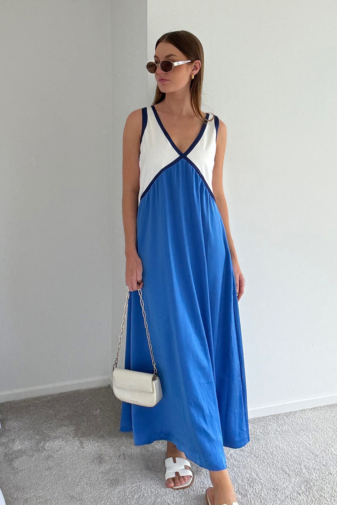Contrast V Neck Sleeveless Maxi Dress Blue · S