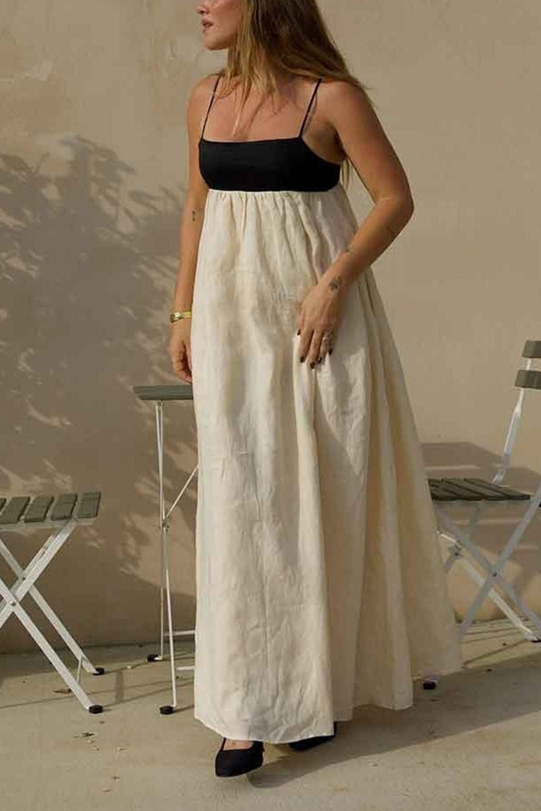 Cotton Contrast Patchwork Cami Dress Beige · S
