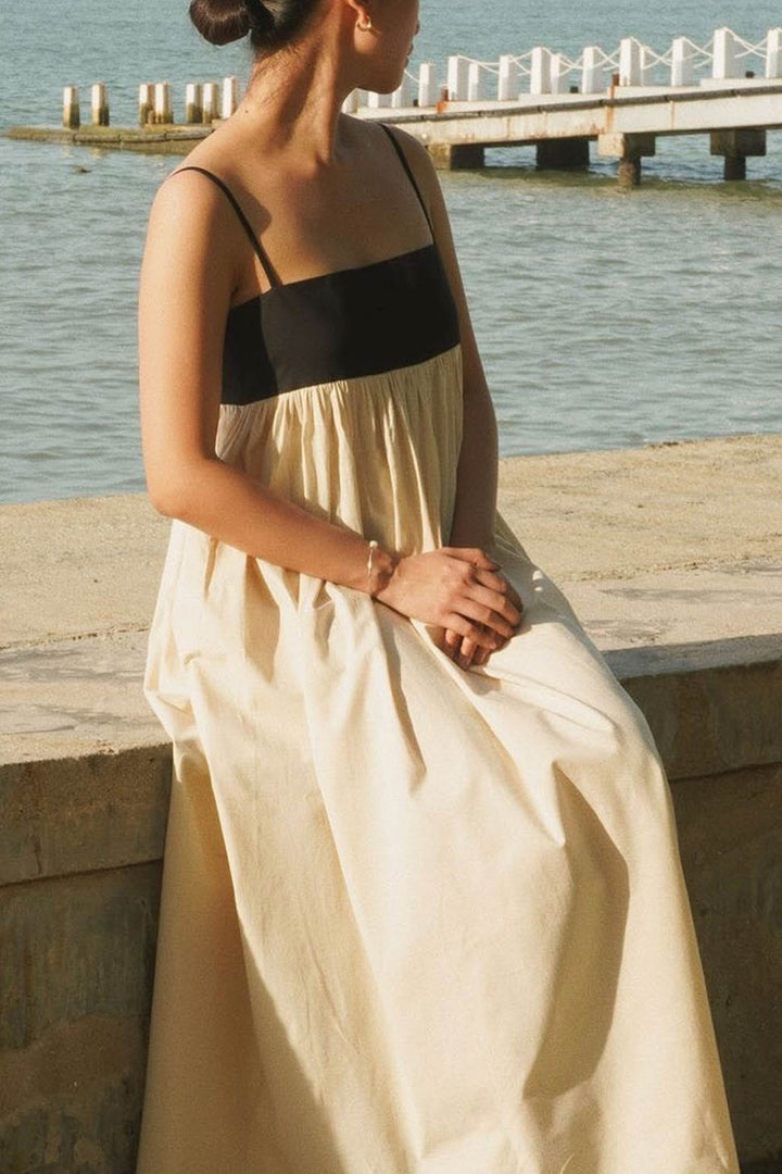 Cotton Contrast Patchwork Cami Dress Beige · M