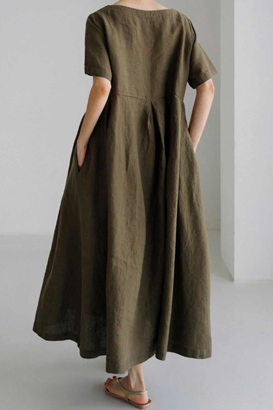 Cotton Linen Crew Neck Loose Midi Dress Army Green · L