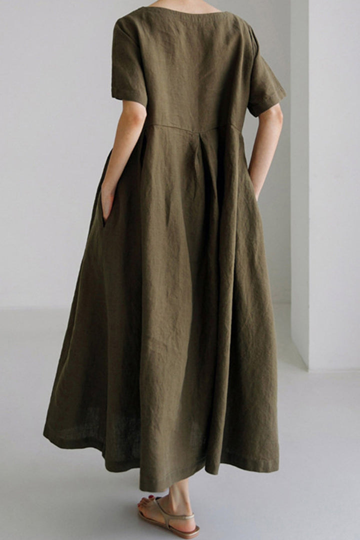 Cotton Linen Crew Neck Loose Midi Dress Army Green · L