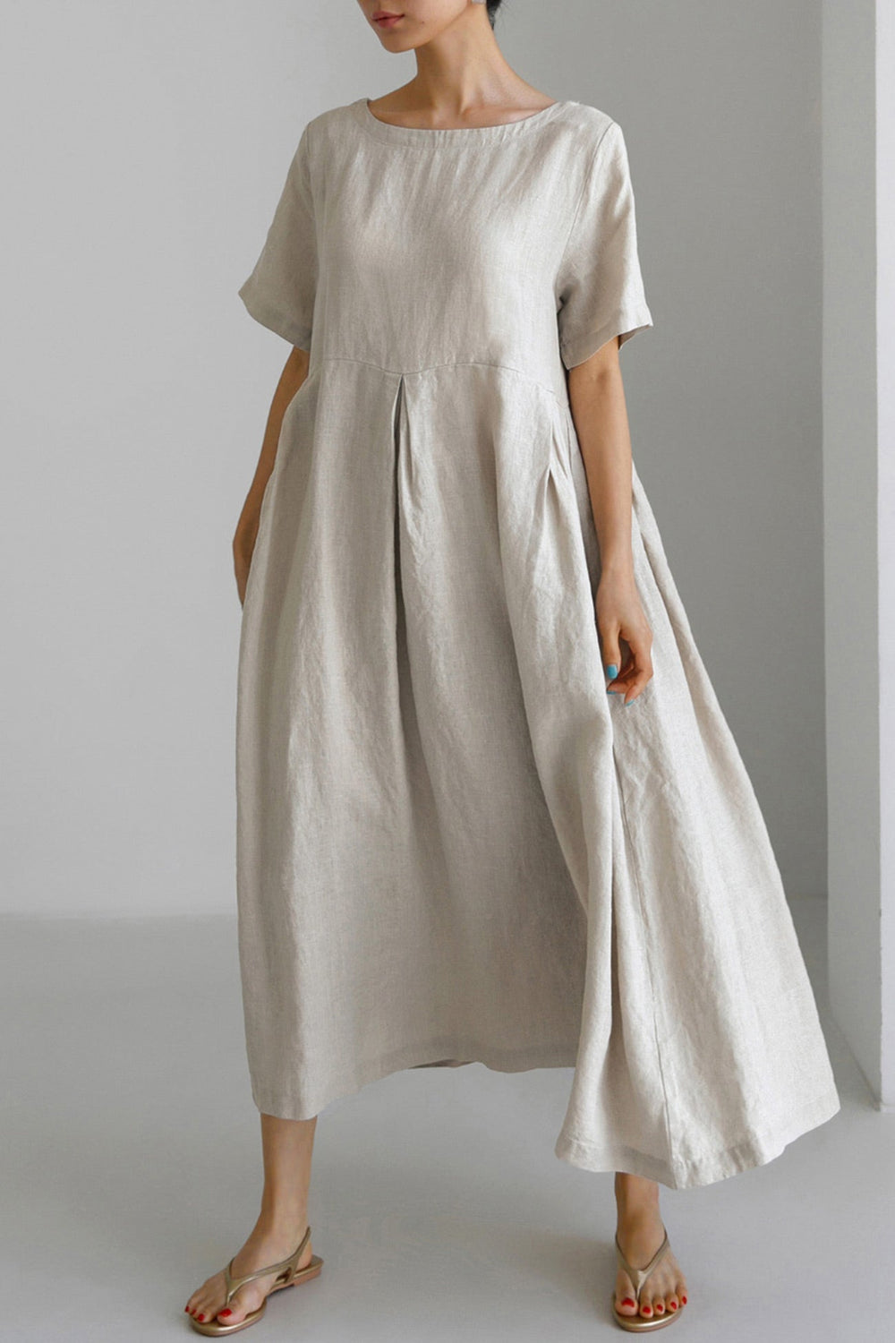 Cotton Linen Crew Neck Loose Midi Dress Khaki · M