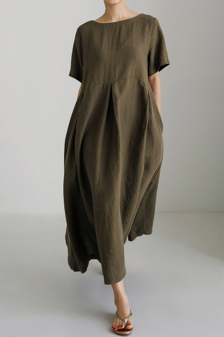 Cotton Linen Crew Neck Loose Midi Dress Navy Blue · S