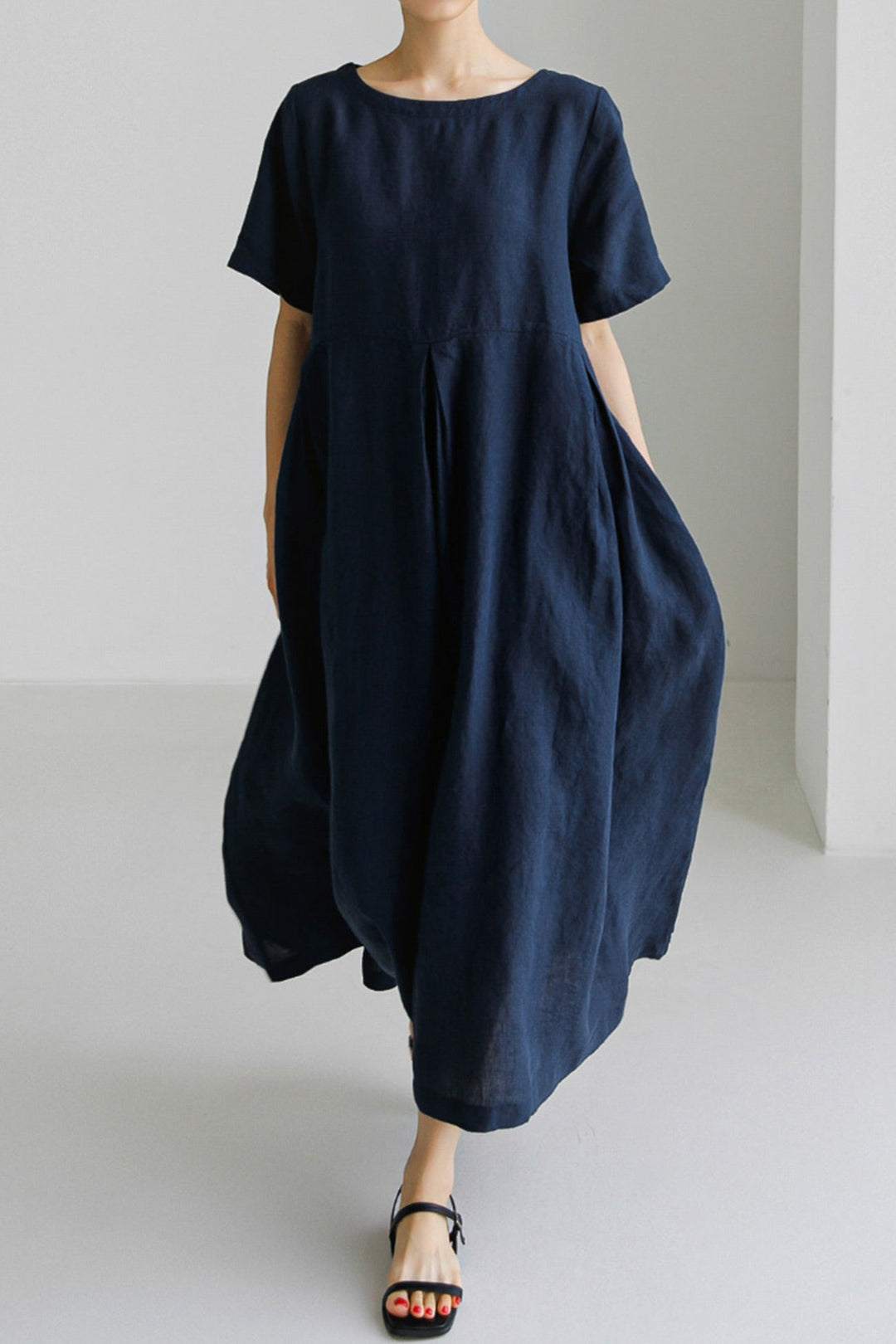 Cotton Linen Crew Neck Loose Midi Dress Navy Blue · XL