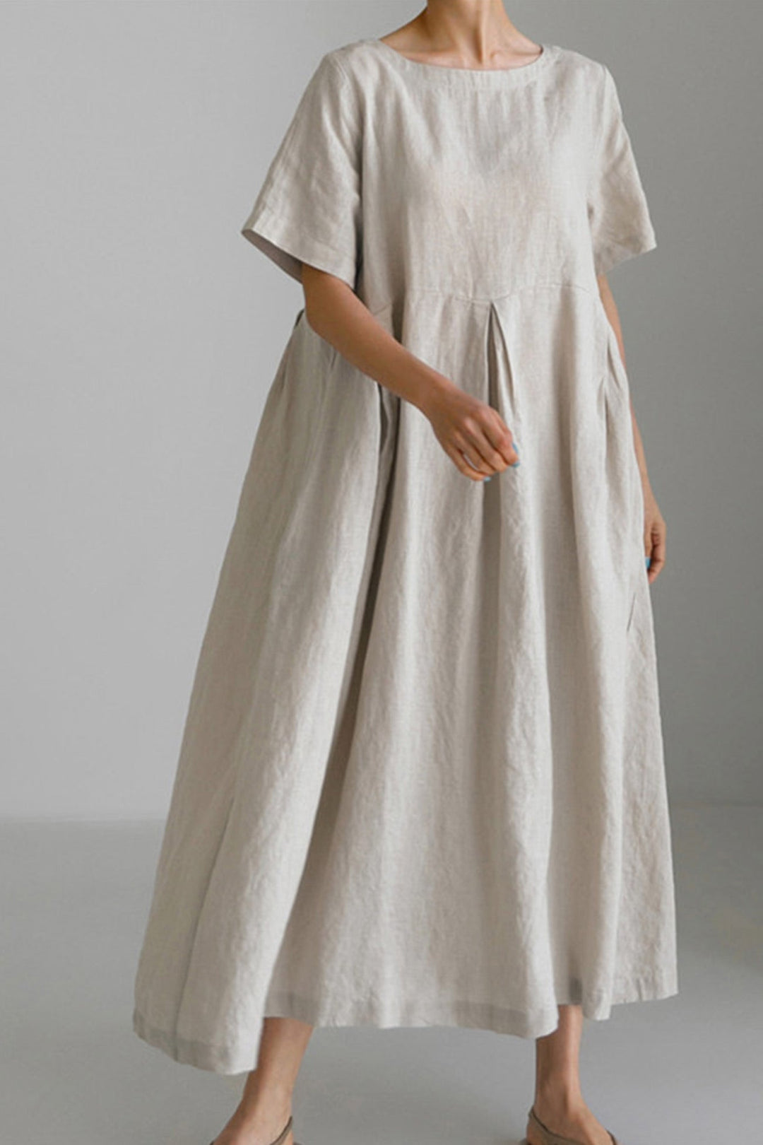 Cotton Linen Crew Neck Loose Midi Dress Khaki · L