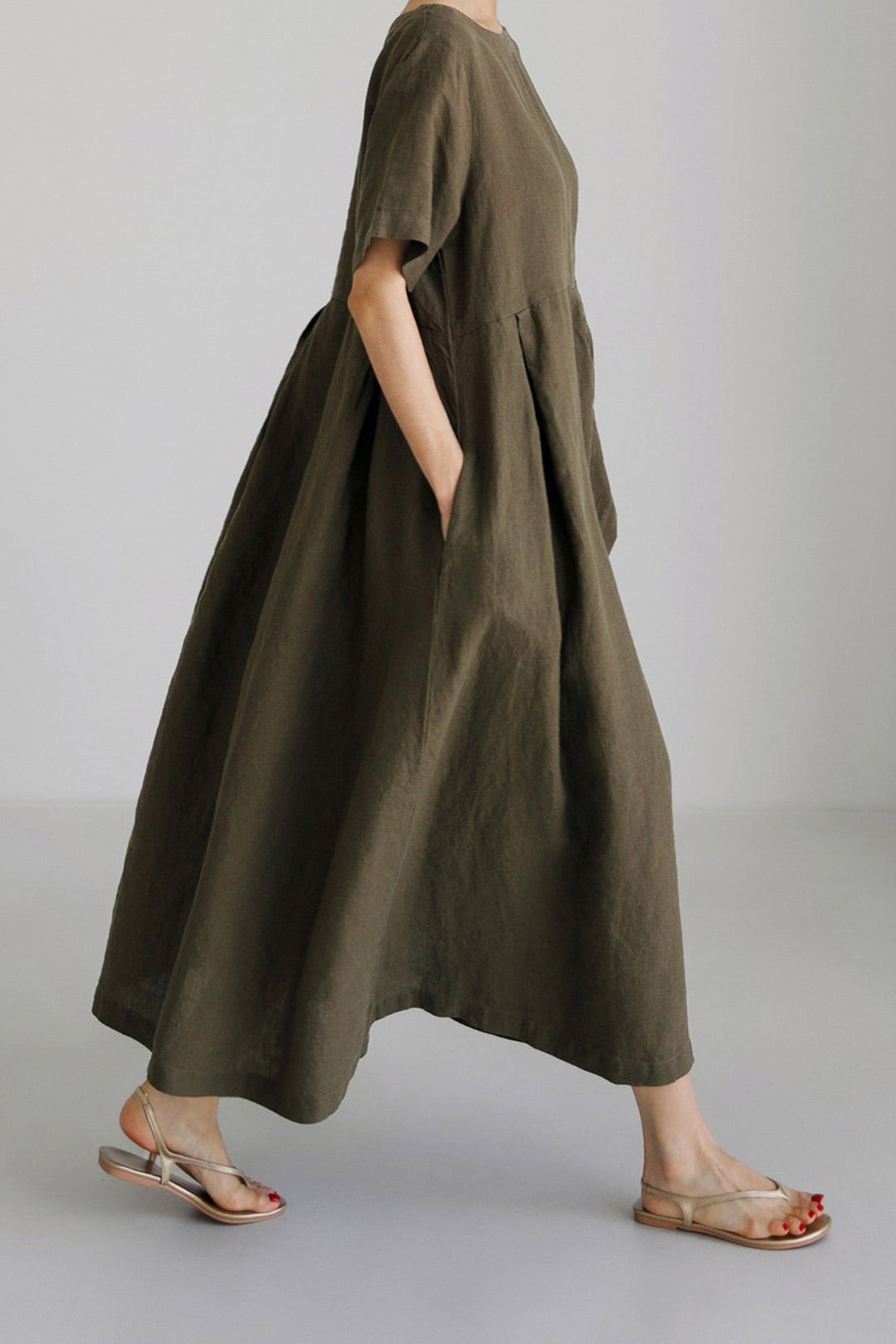 Cotton Linen Crew Neck Loose Midi Dress Army Green · M