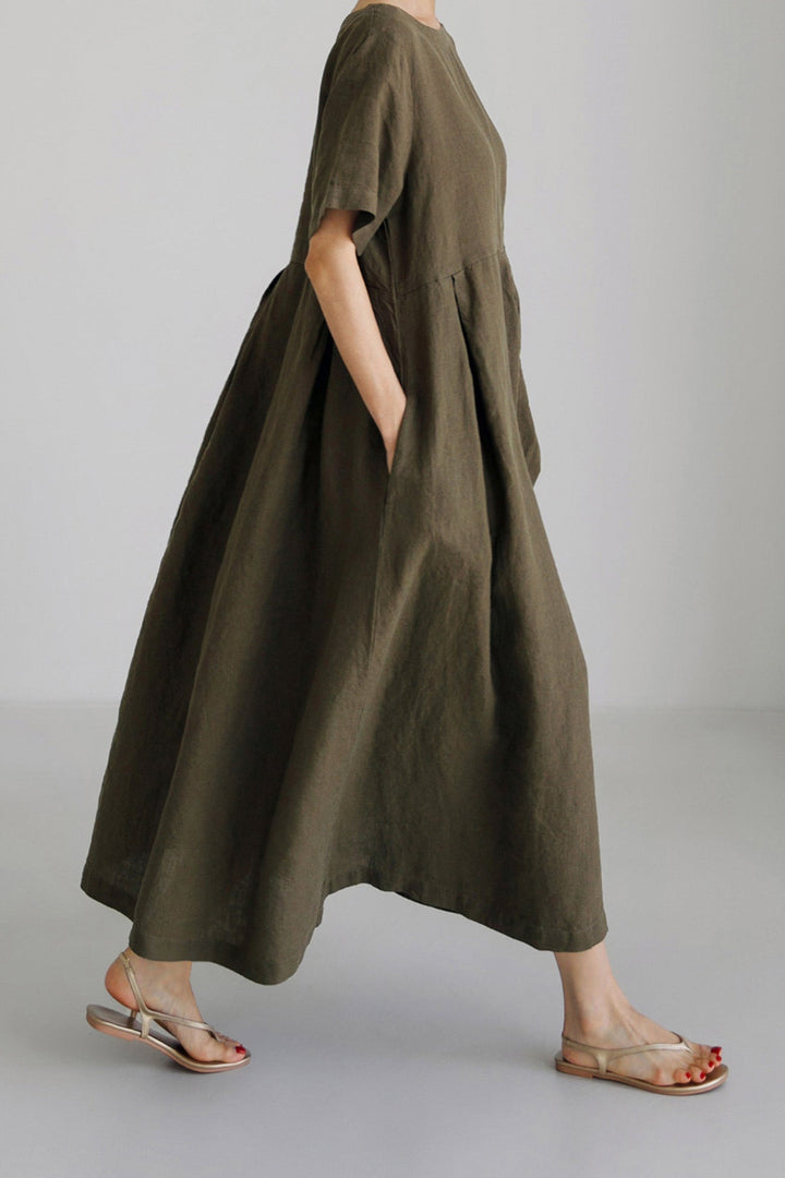 Cotton Linen Crew Neck Loose Midi Dress Army Green · M