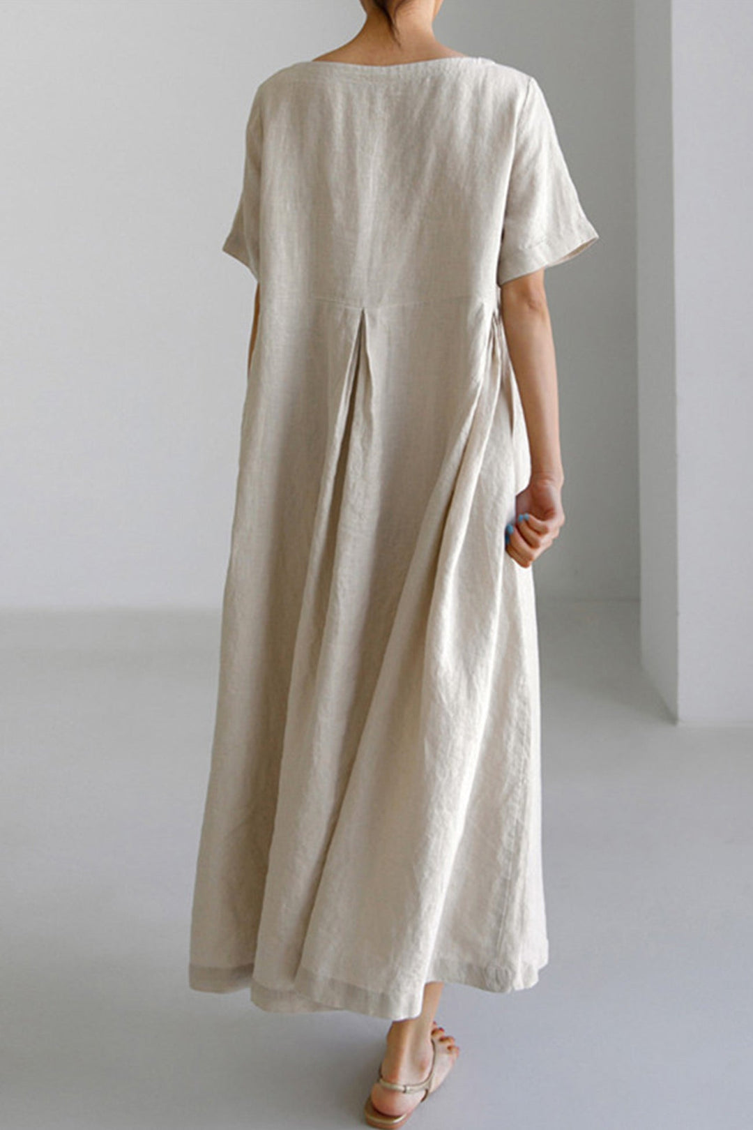 Cotton Linen Crew Neck Loose Midi Dress Khaki · S
