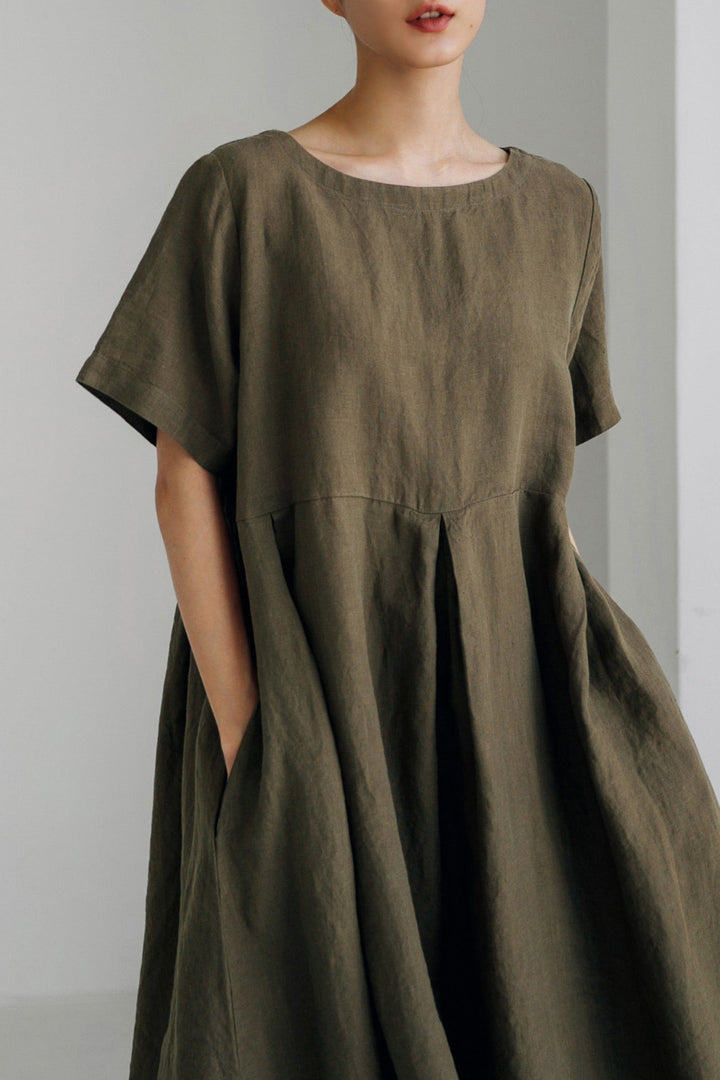 Cotton Linen Crew Neck Loose Midi Dress Navy Blue · M