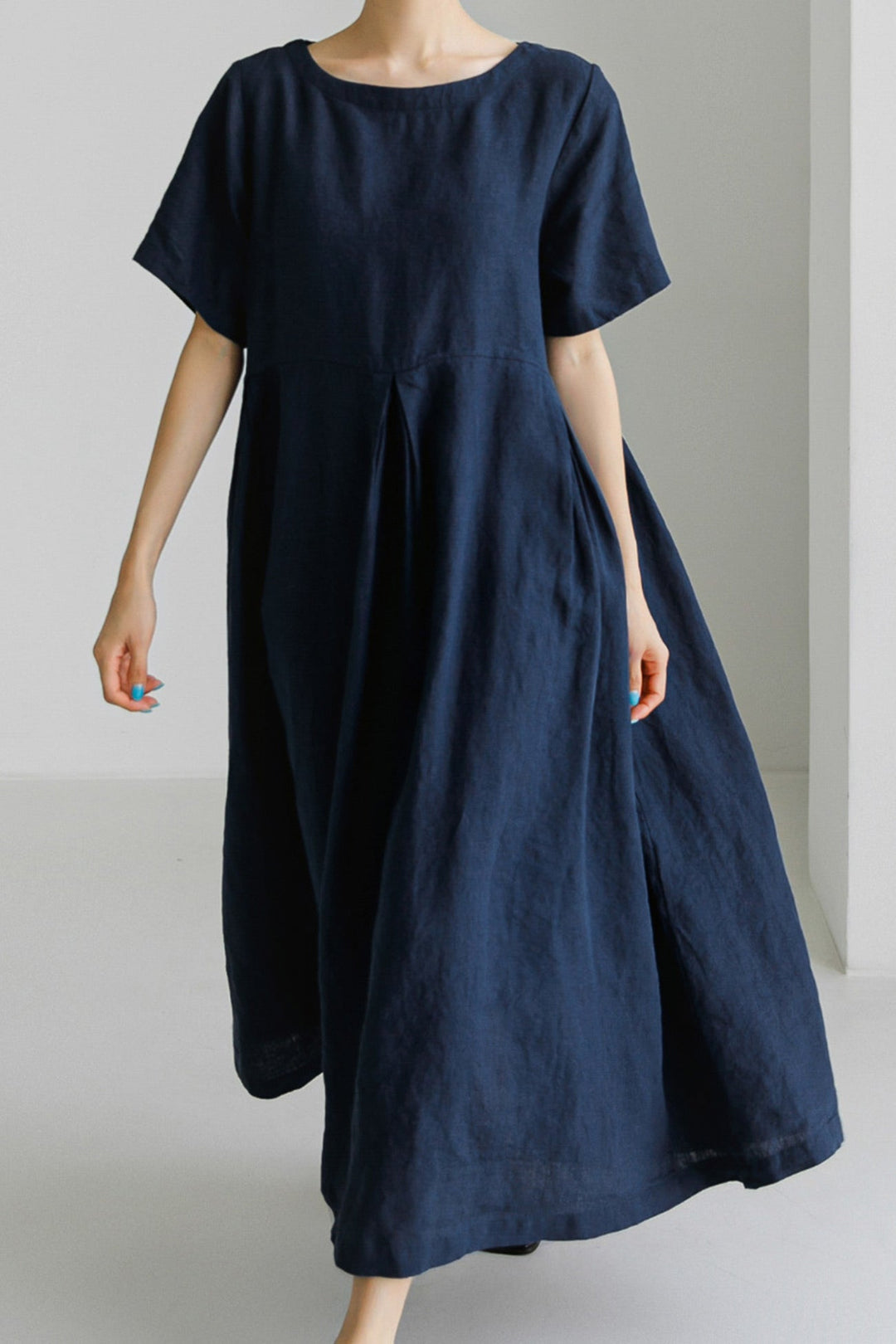 Cotton Linen Crew Neck Loose Midi Dress Navy Blue · L
