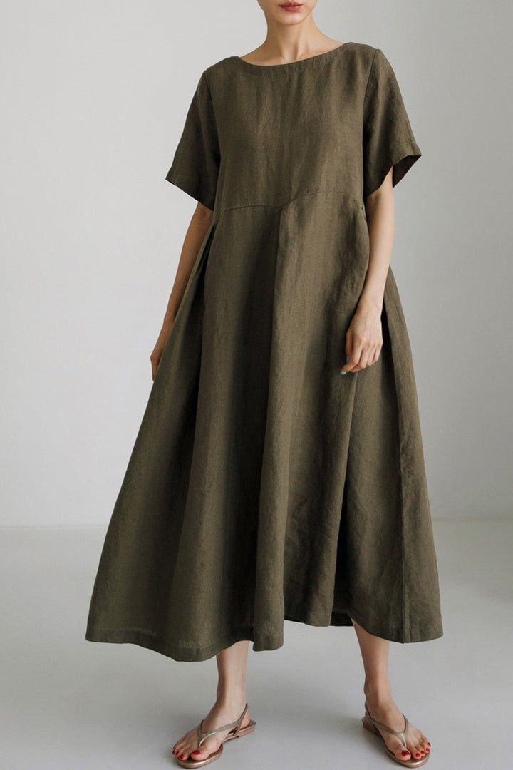 Cotton Linen Crew Neck Loose Midi Dress Army Green · XL