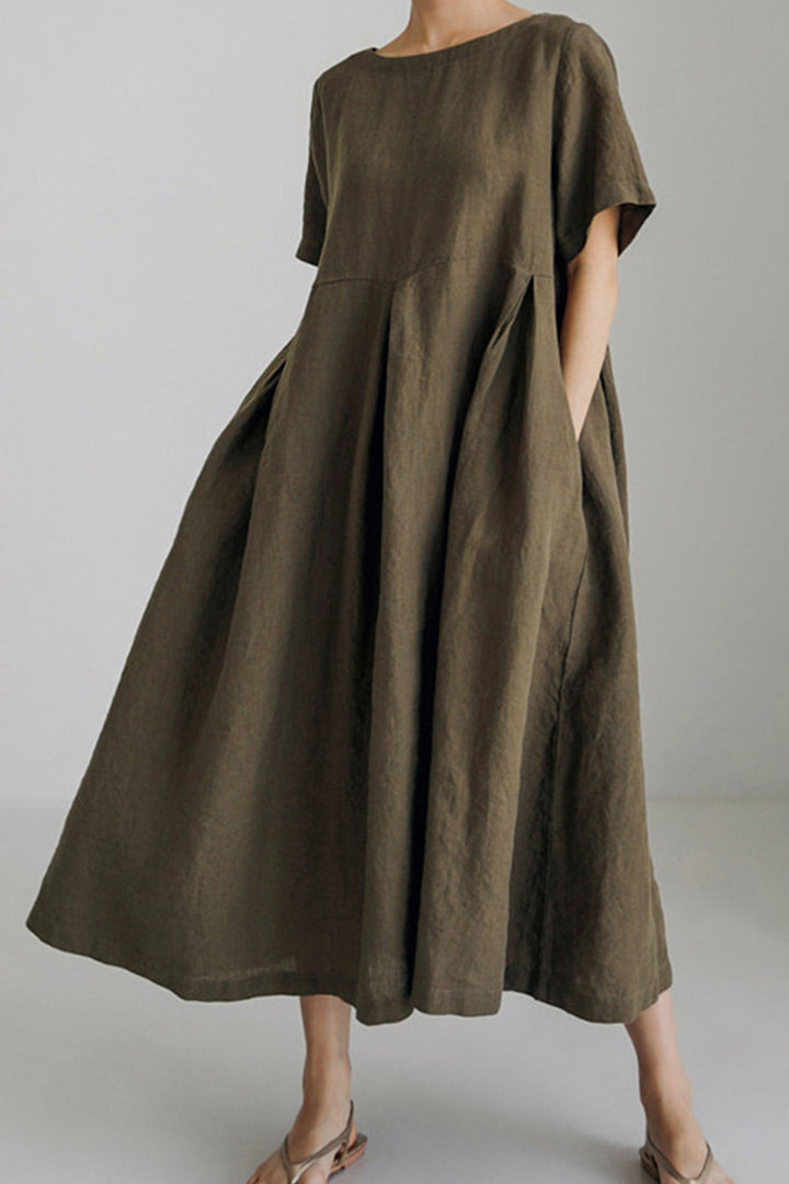Cotton Linen Crew Neck Loose Midi Dress Army Green · S