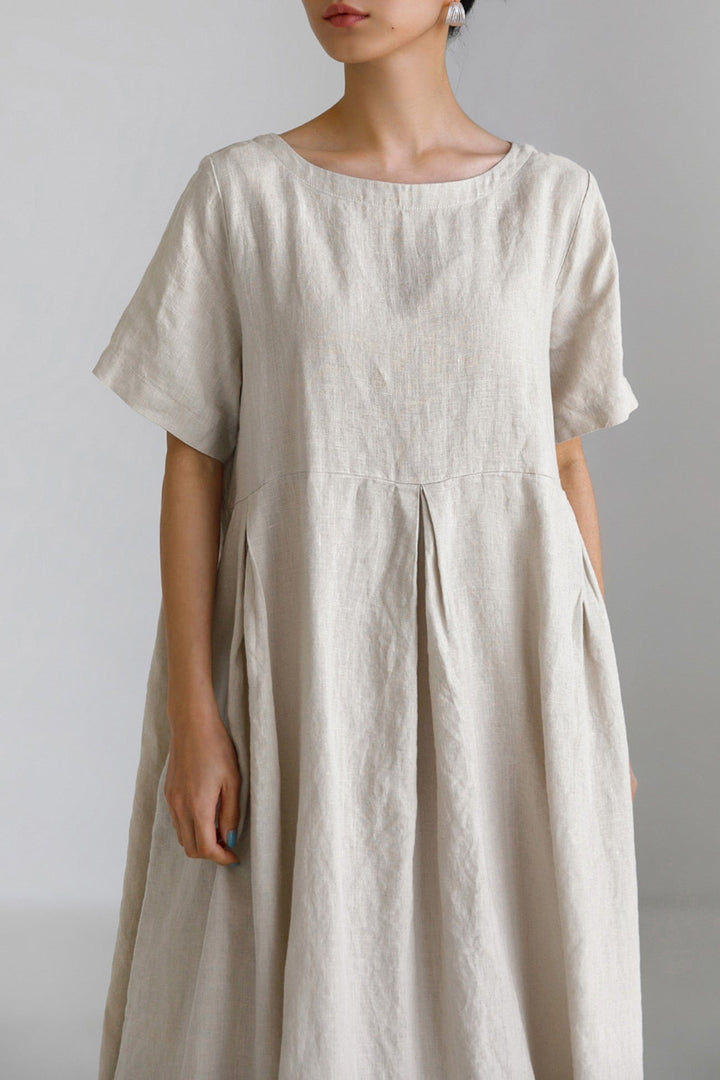 Cotton Linen Crew Neck Loose Midi Dress Khaki · XL