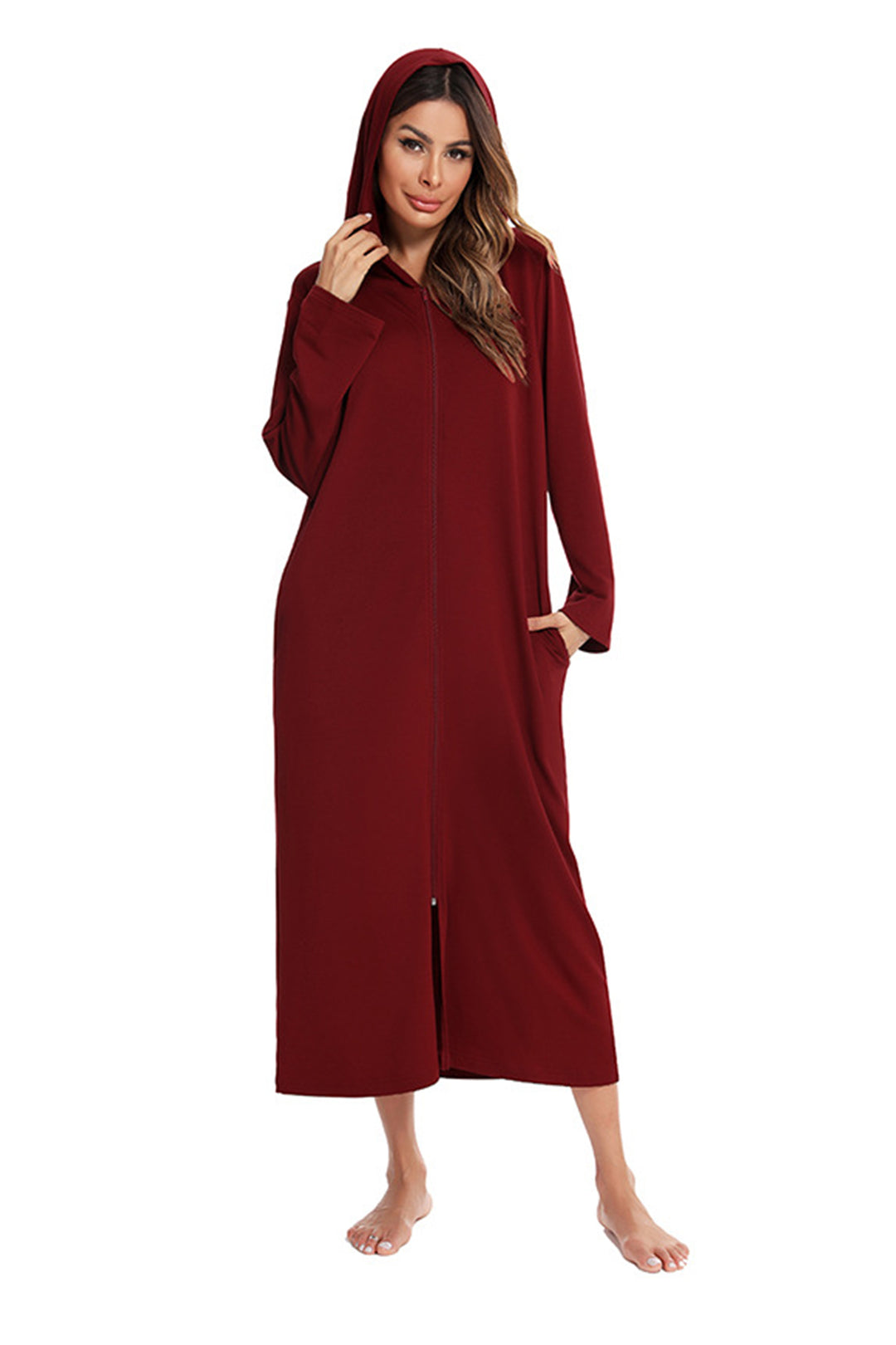 Cotton Long Sleeve Zip-up Hooded Cardigan Wine Red · 2XL