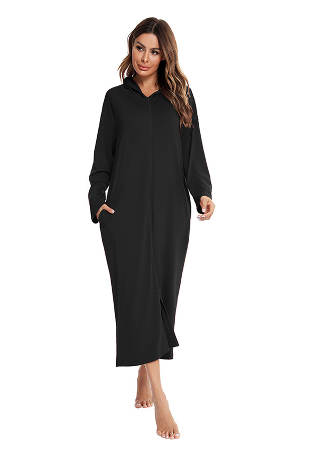 Cotton Long Sleeve Zip-up Hooded Cardigan Black · M