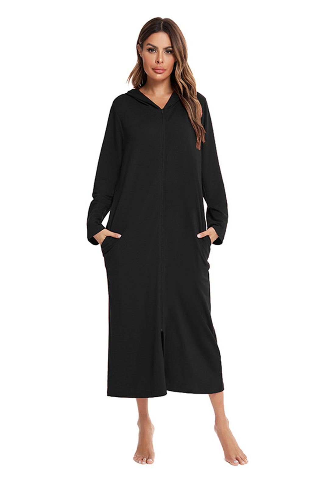 Cotton Long Sleeve Zip-up Hooded Cardigan Black · XL