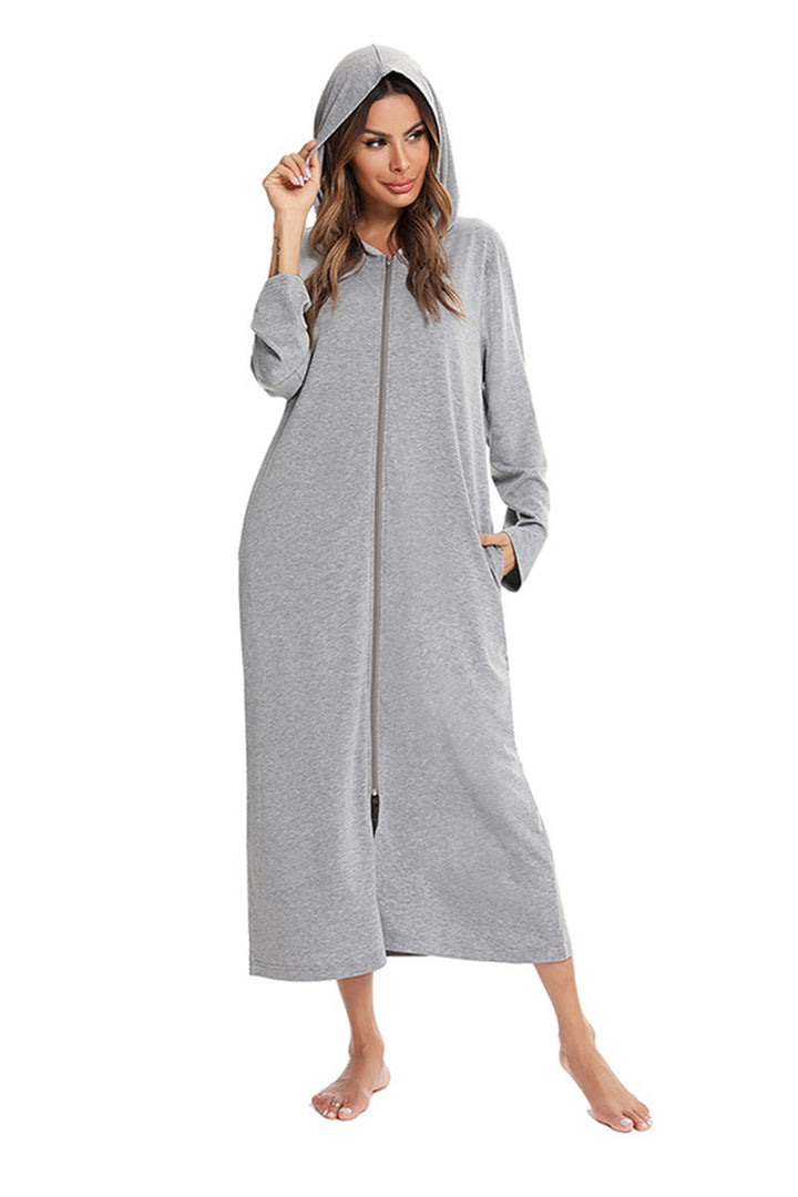 Cotton Long Sleeve Zip-up Hooded Cardigan Light Grey · S