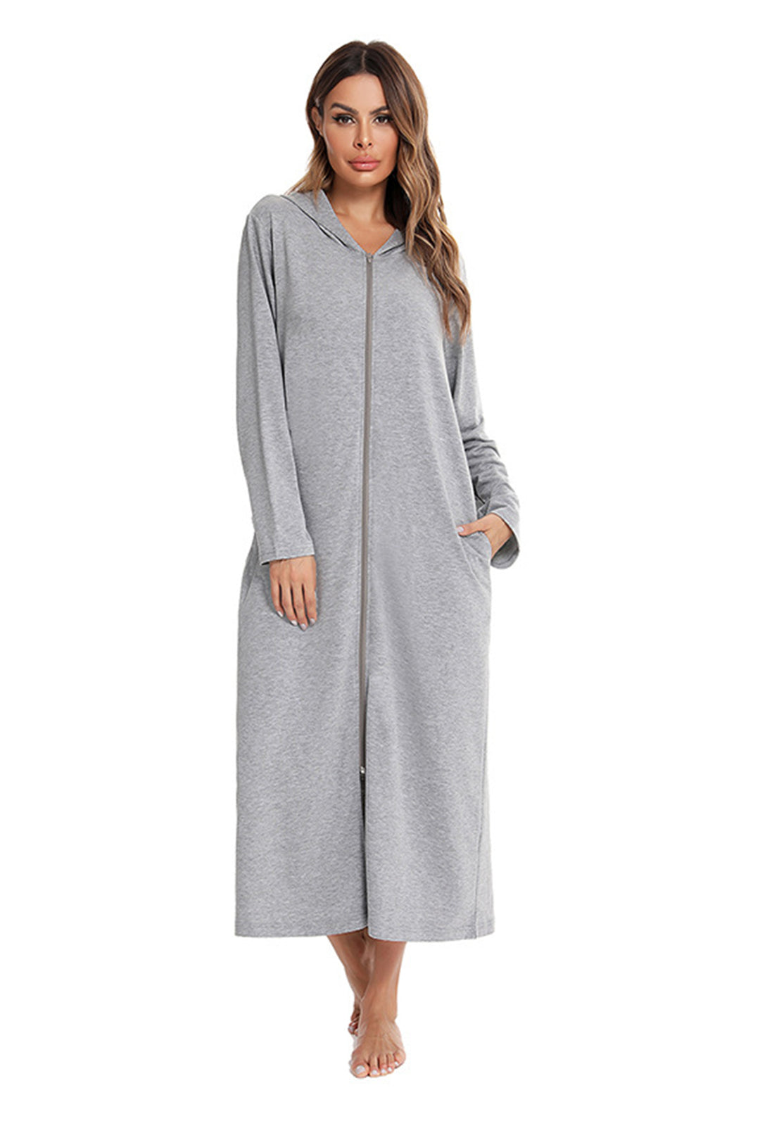 Cotton Long Sleeve Zip-up Hooded Cardigan Light Grey · M