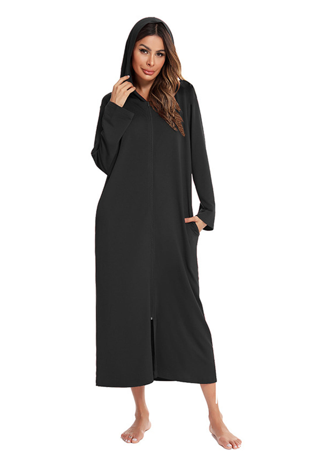 Cotton Long Sleeve Zip-up Hooded Cardigan Black · L