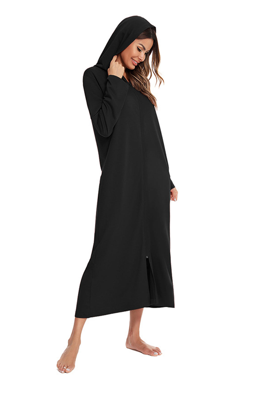 Cotton Long Sleeve Zip-up Hooded Cardigan Black · 2XL