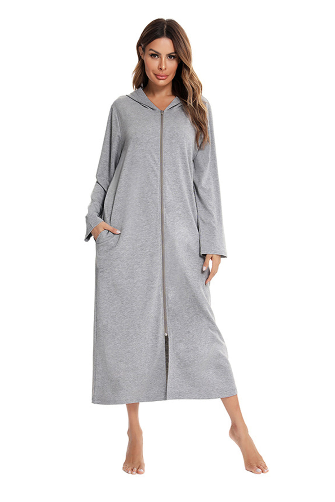 Cotton Long Sleeve Zip-up Hooded Cardigan Light Grey · XL