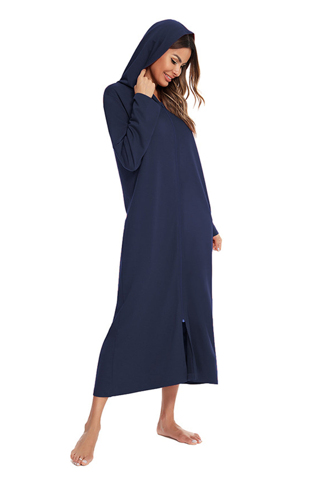 Cotton Long Sleeve Zip-up Hooded Cardigan Navy Blue · M