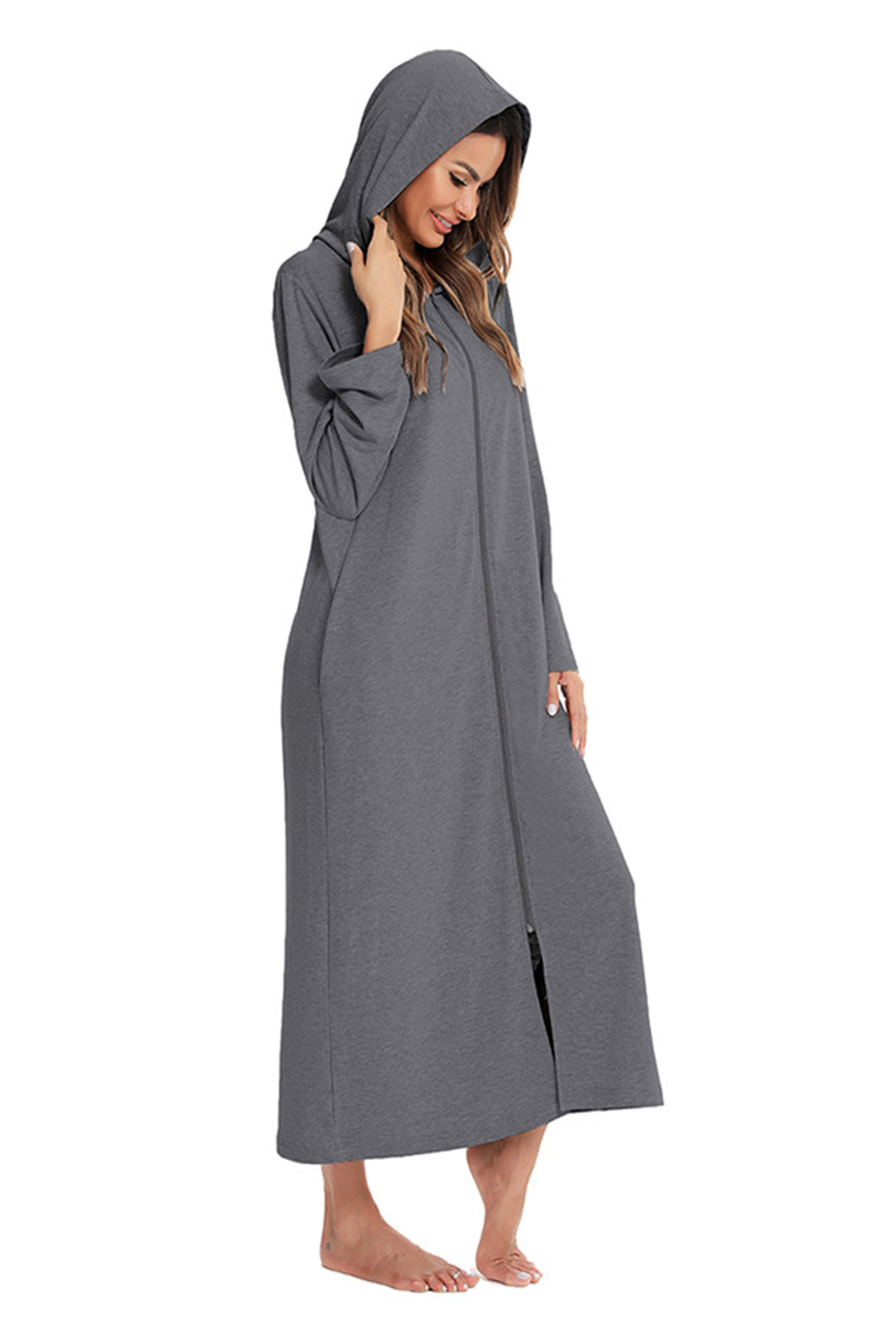 Cotton Long Sleeve Zip-up Hooded Cardigan Dark Grey · L