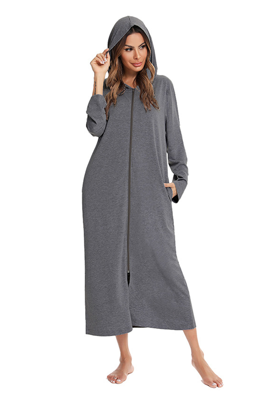 Cotton Long Sleeve Zip-up Hooded Cardigan Dark Grey · XL