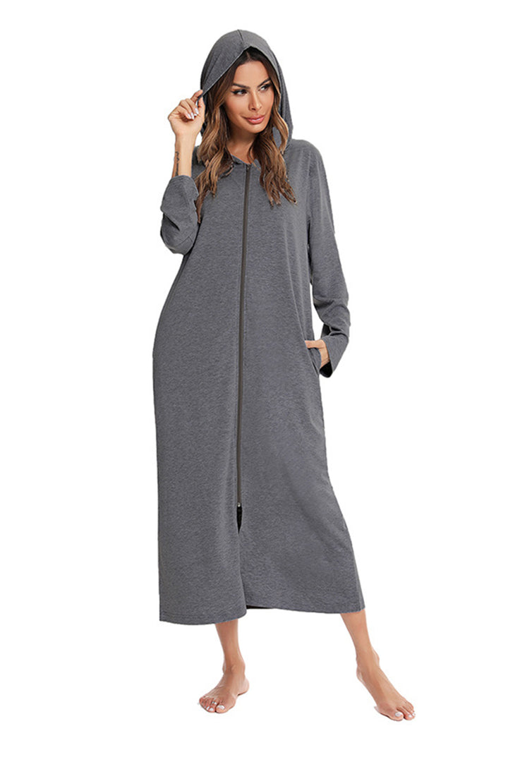 Cotton Long Sleeve Zip-up Hooded Cardigan Dark Grey · XL