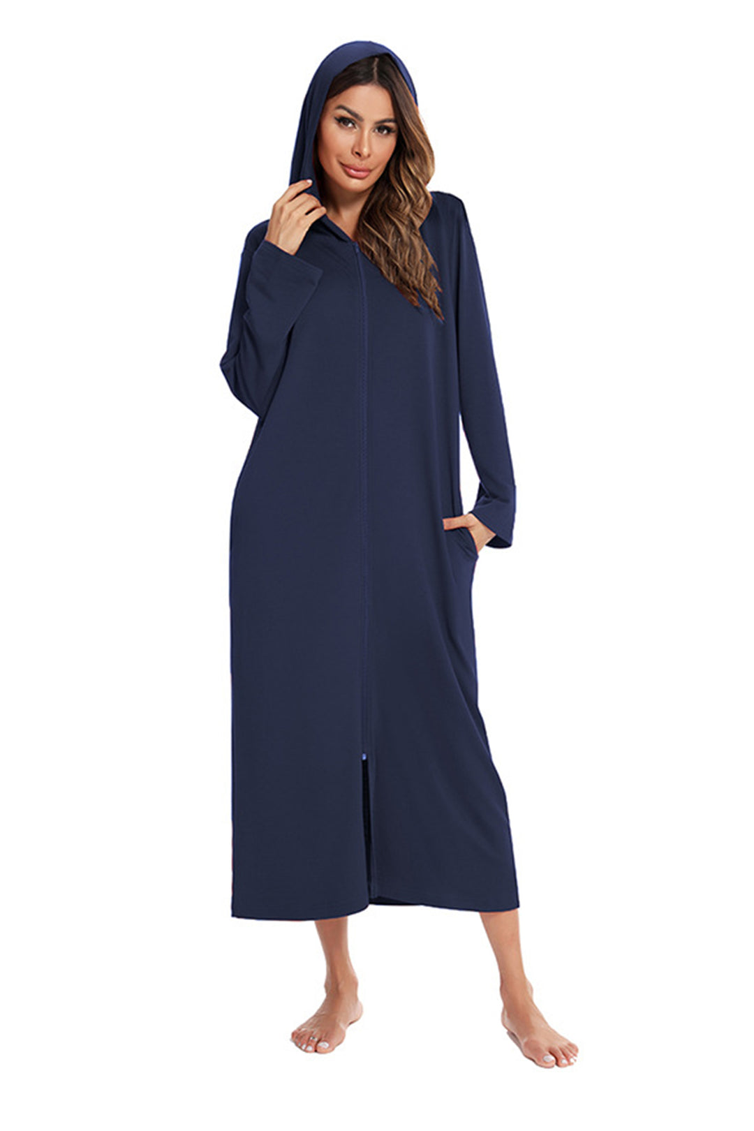 Cotton Long Sleeve Zip-up Hooded Cardigan Navy Blue · L