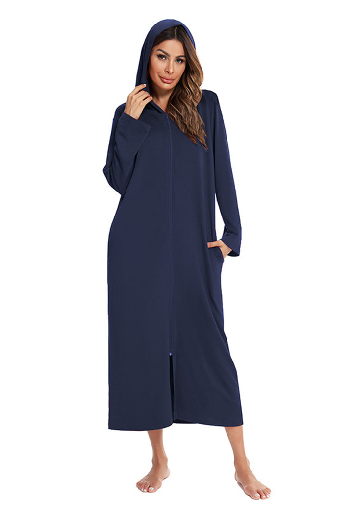 Cotton Long Sleeve Zip-up Hooded Cardigan Navy Blue · L