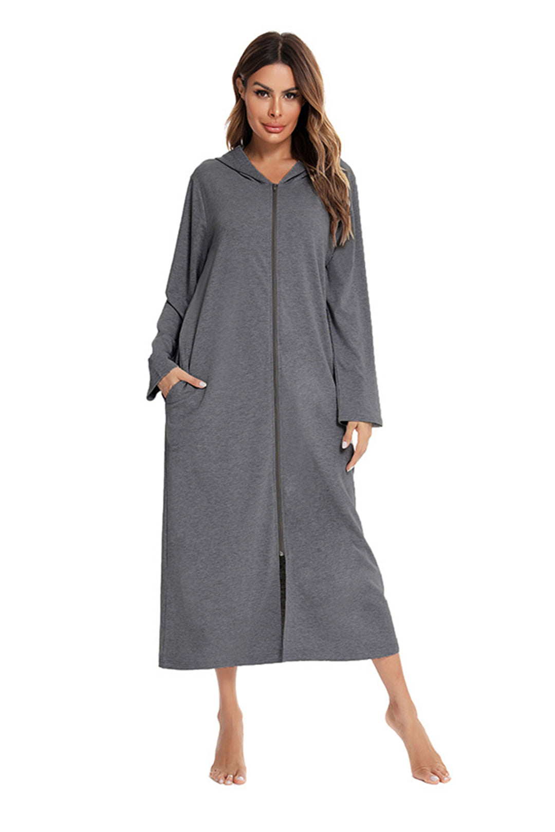 Cotton Long Sleeve Zip-up Hooded Cardigan Dark Grey · 2XL