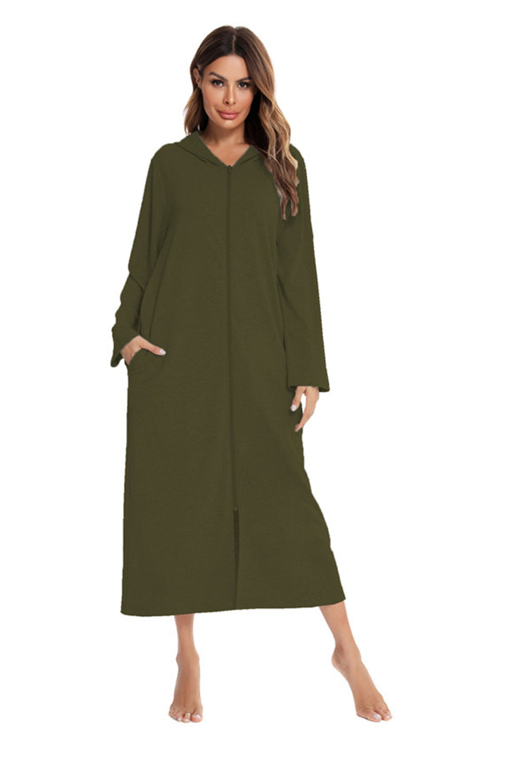 Cotton Long Sleeve Zip-up Hooded Cardigan Olive Green · M