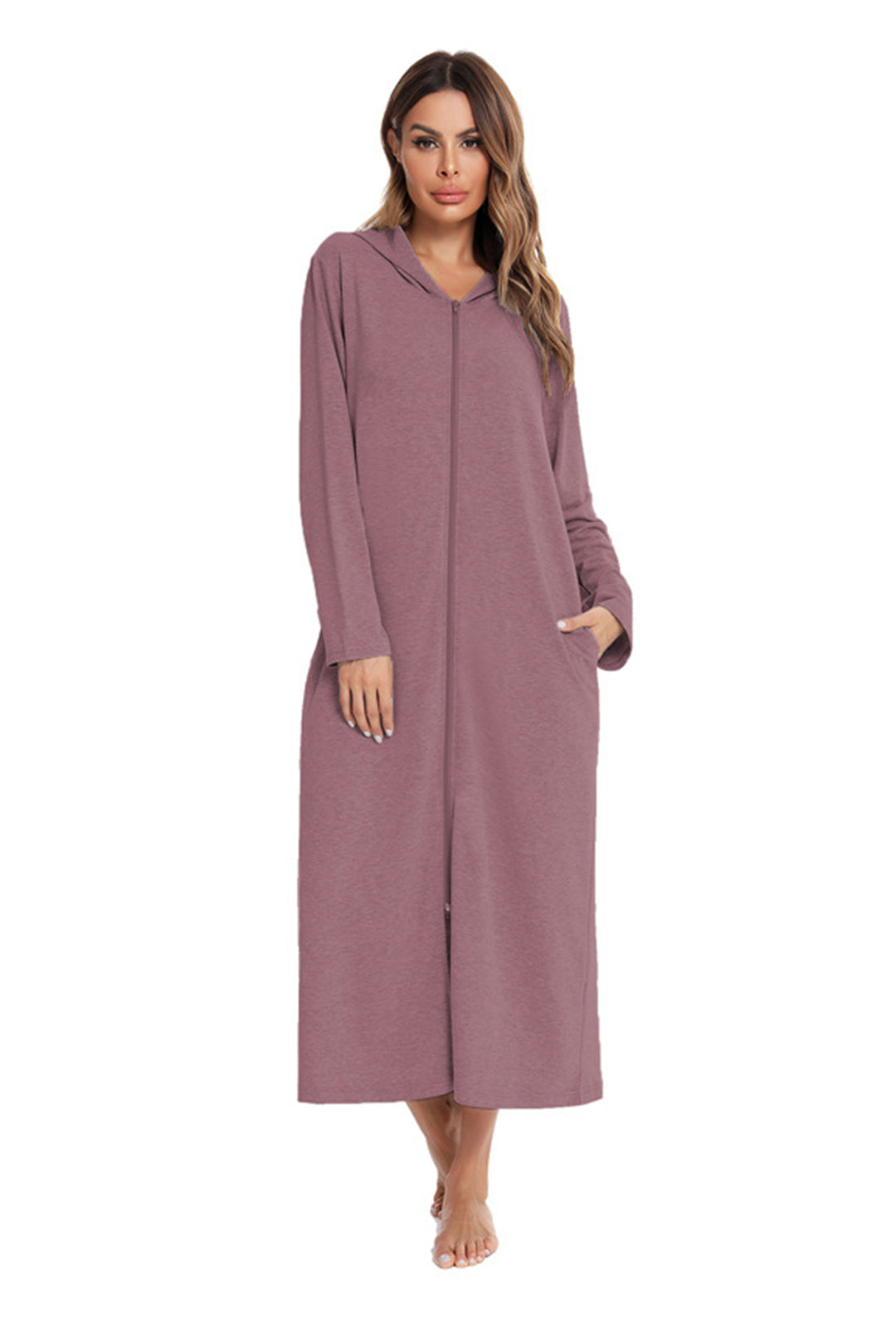 Cotton Long Sleeve Zip-up Hooded Cardigan Light Blue · M