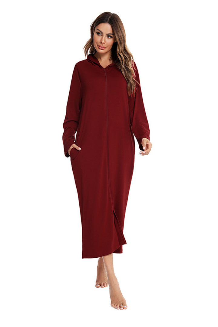 Cotton Long Sleeve Zip-up Hooded Cardigan Wine Red · L