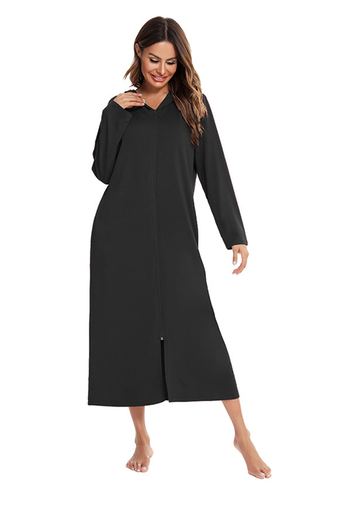 Cotton Long Sleeve Zip-up Hooded Cardigan Black · S