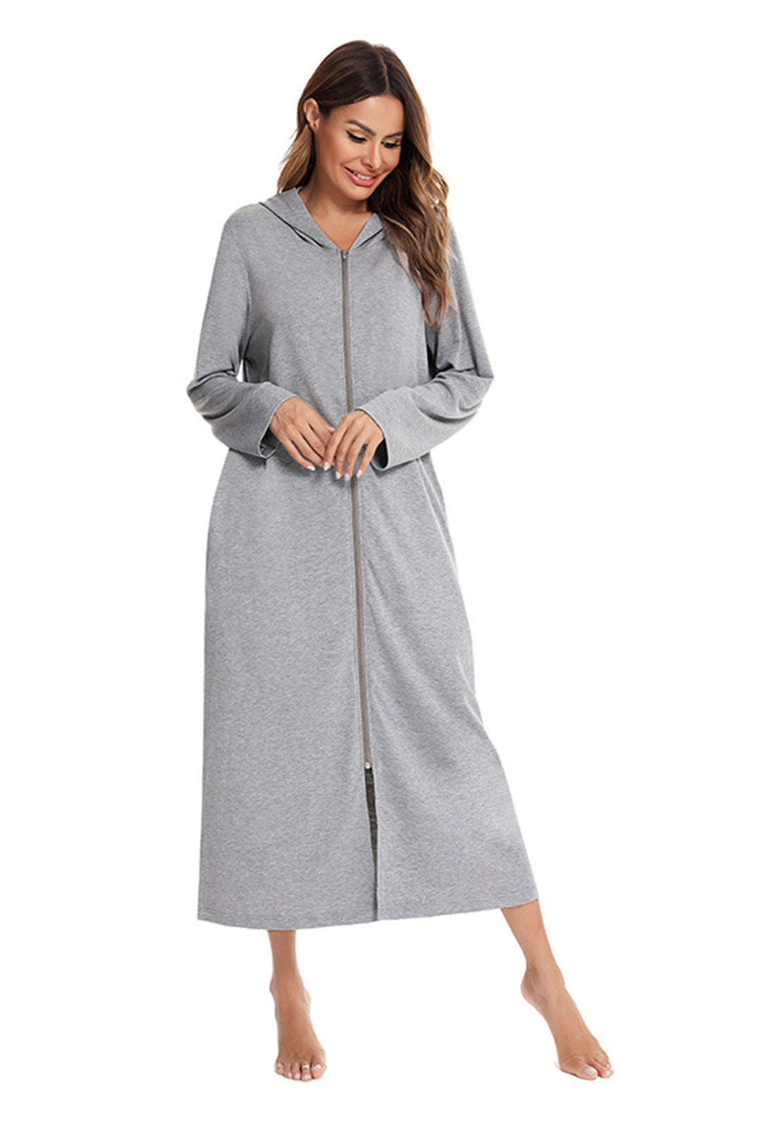 Cotton Long Sleeve Zip-up Hooded Cardigan Light Grey · L