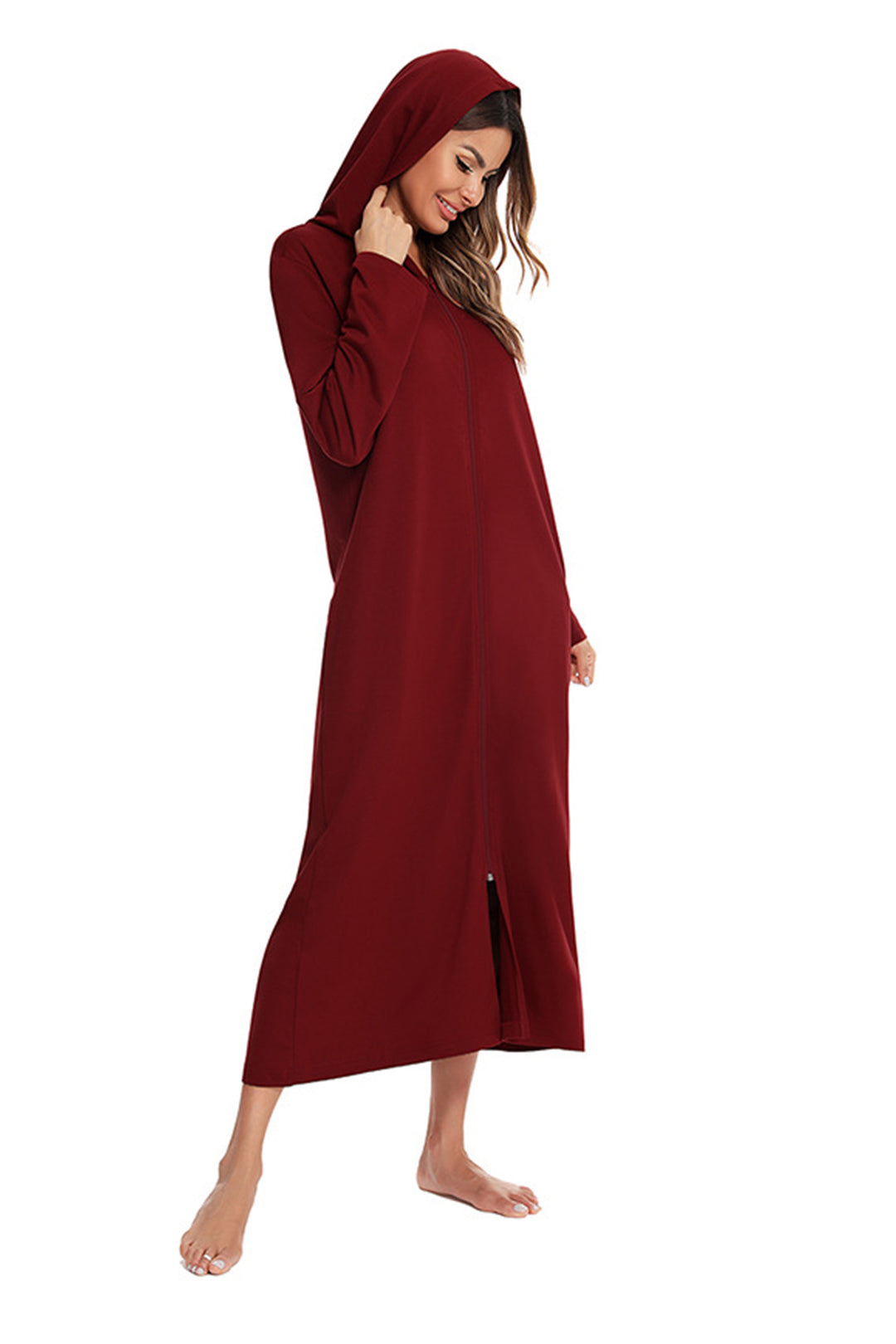 Cotton Long Sleeve Zip-up Hooded Cardigan Wine Red · M
