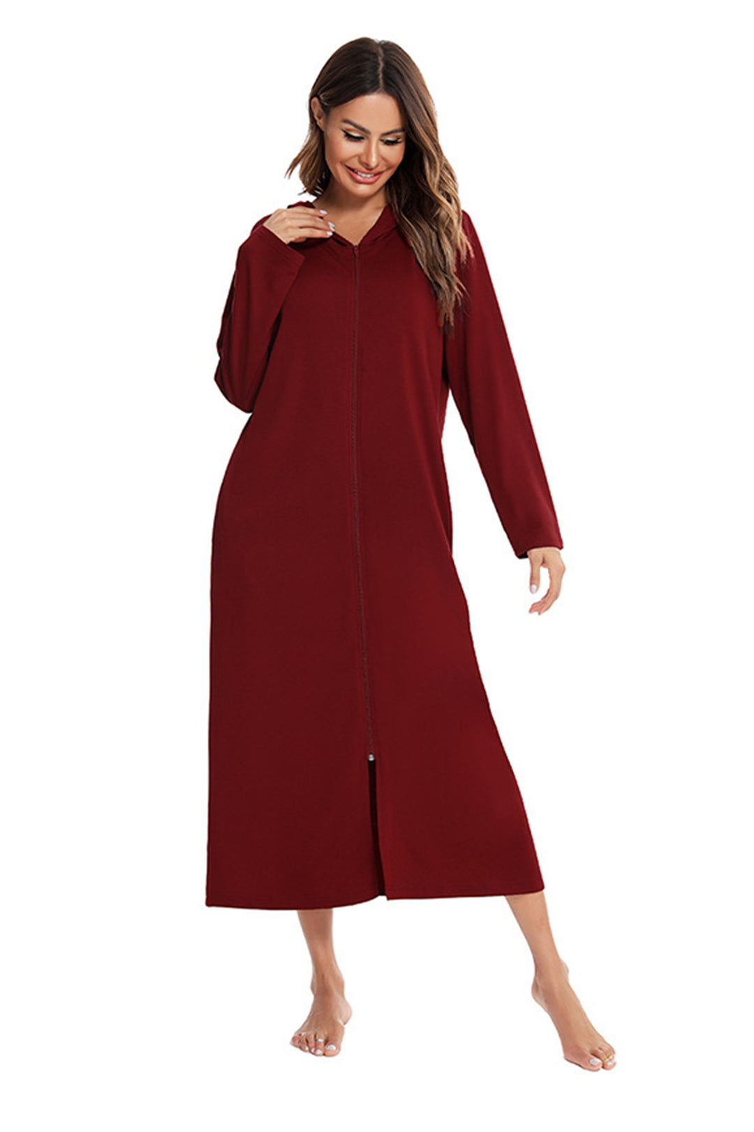 Cotton Long Sleeve Zip-up Hooded Cardigan Wine Red · XL