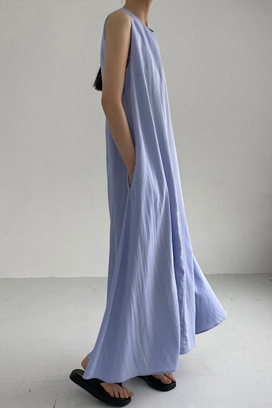 Cotton Loose Pocketed Tank Dress Blue · One Size