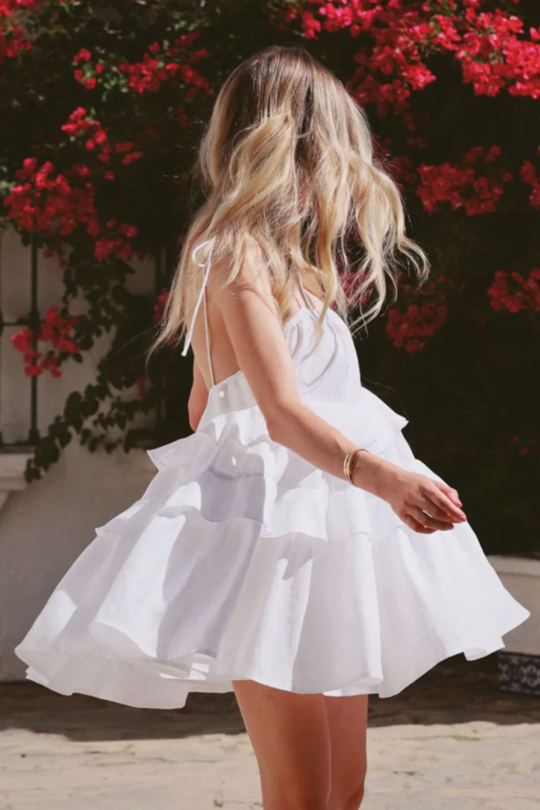 Cotton Tie-straps Tiered Cami Babydoll Dress White · M